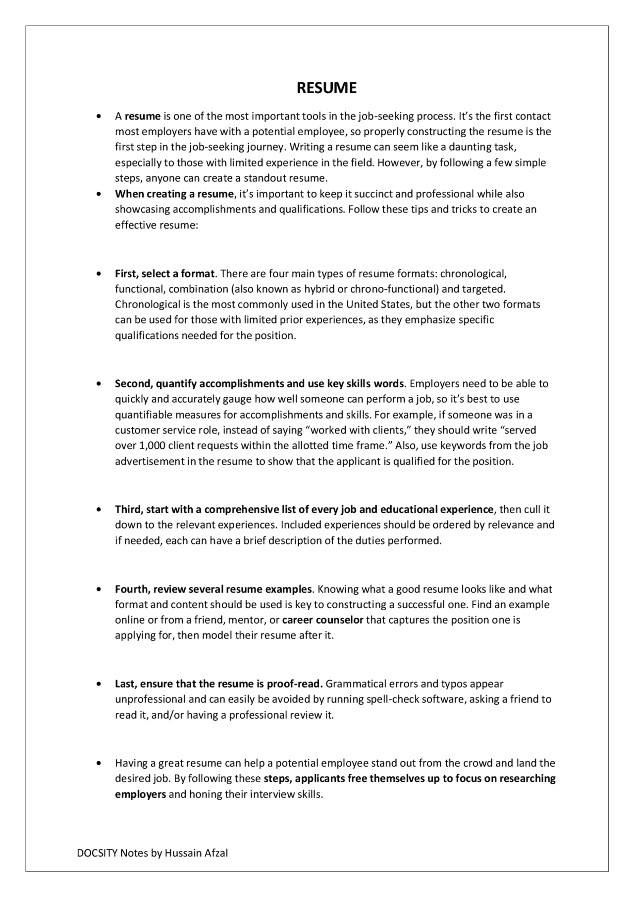 Resume Writing Notes How to Write a Resume in Professional Way | Study notes Communication ...