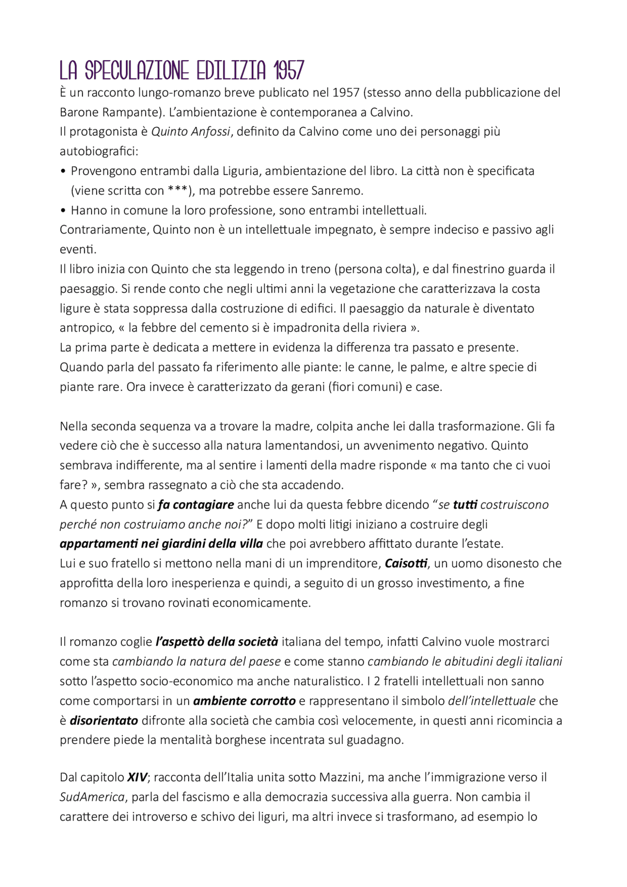 La Speculazione Edilizia, Calvino Appunti di Italiano Docsity