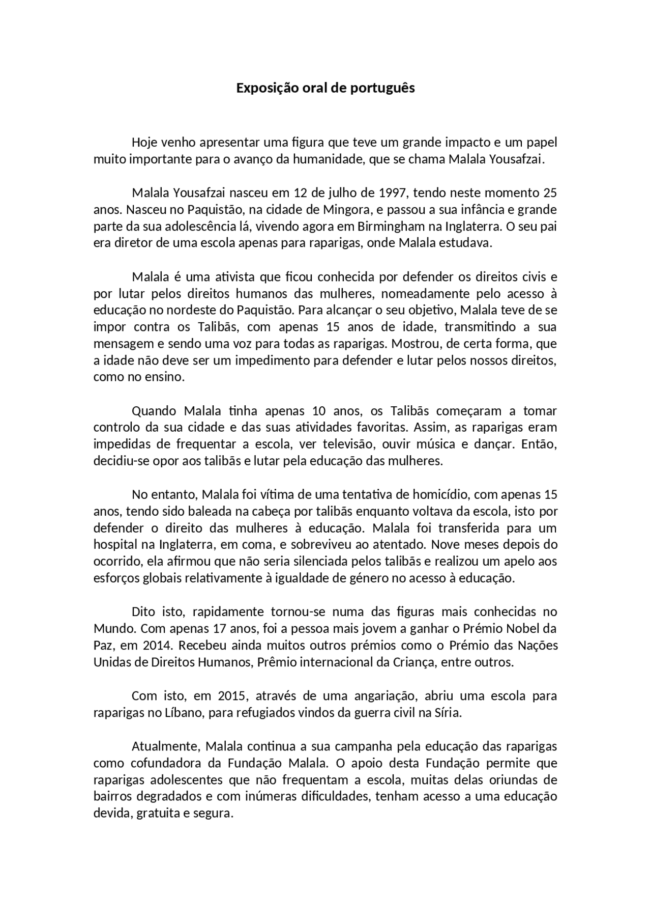Apresentação oral sobre Malala Yousafzai | Notas de estudo Português ...