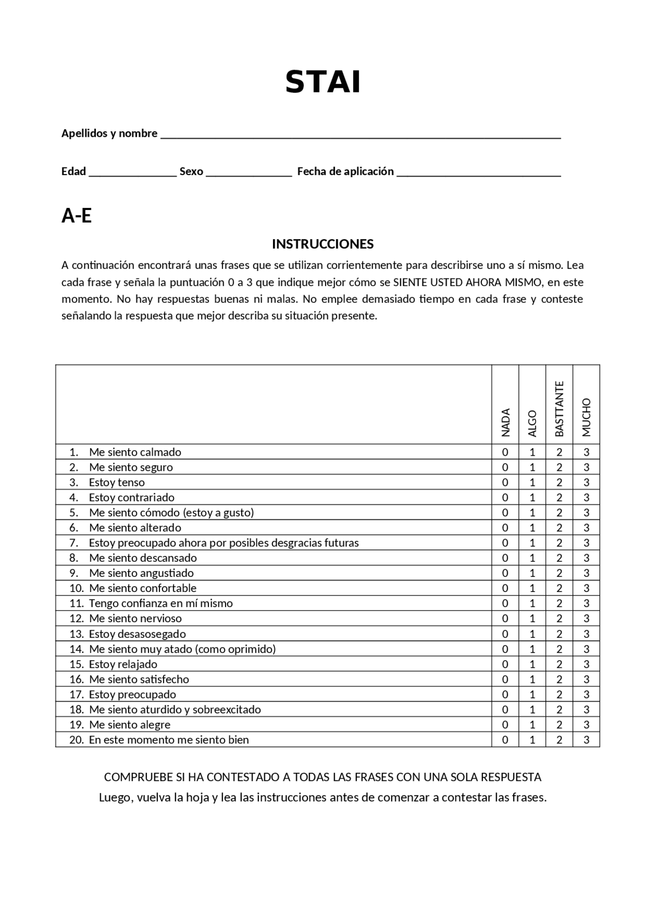 Cuestionario STAI para evaluar la ansiedad en pacientes | Resúmenes de ...