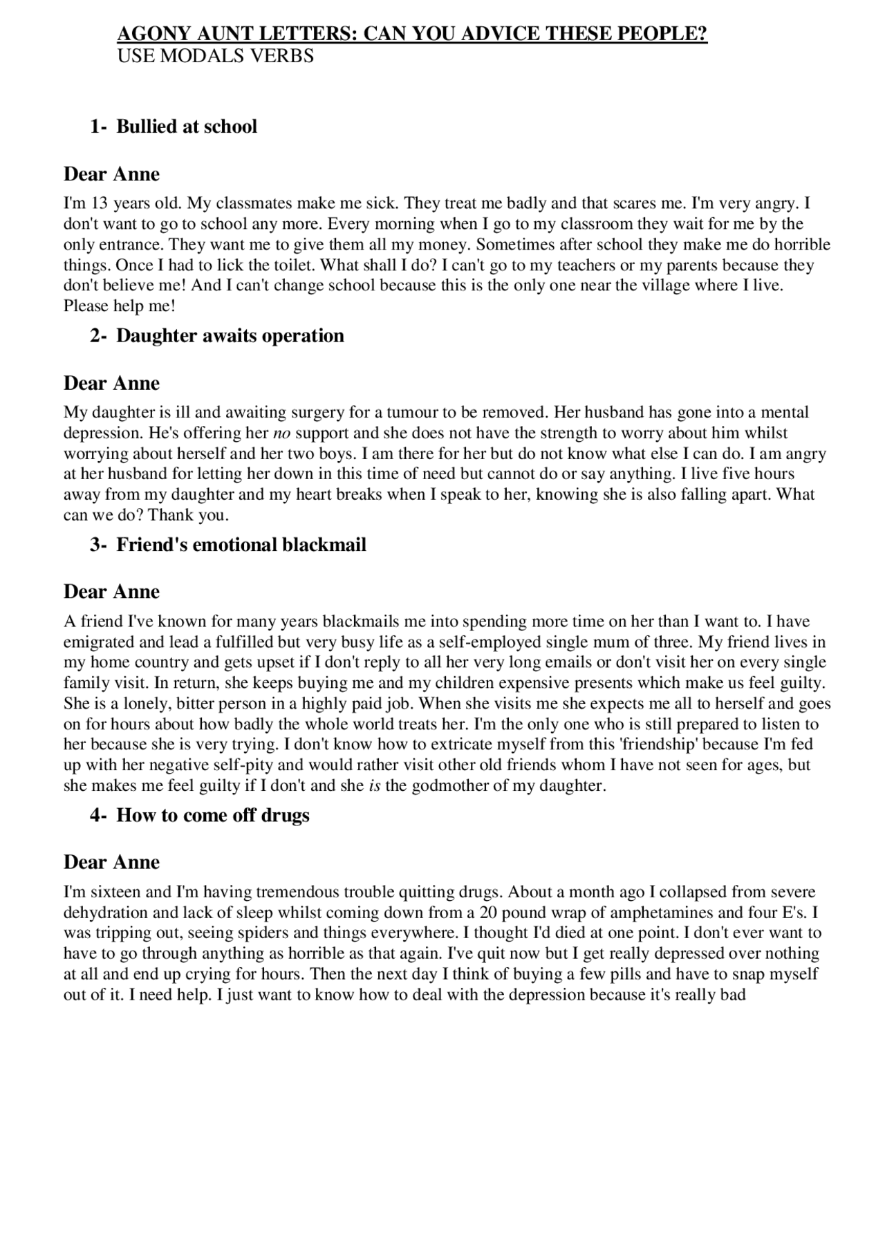 AGONY AUNT LETTERS Using MODALS VERBS Exercises English Docsity