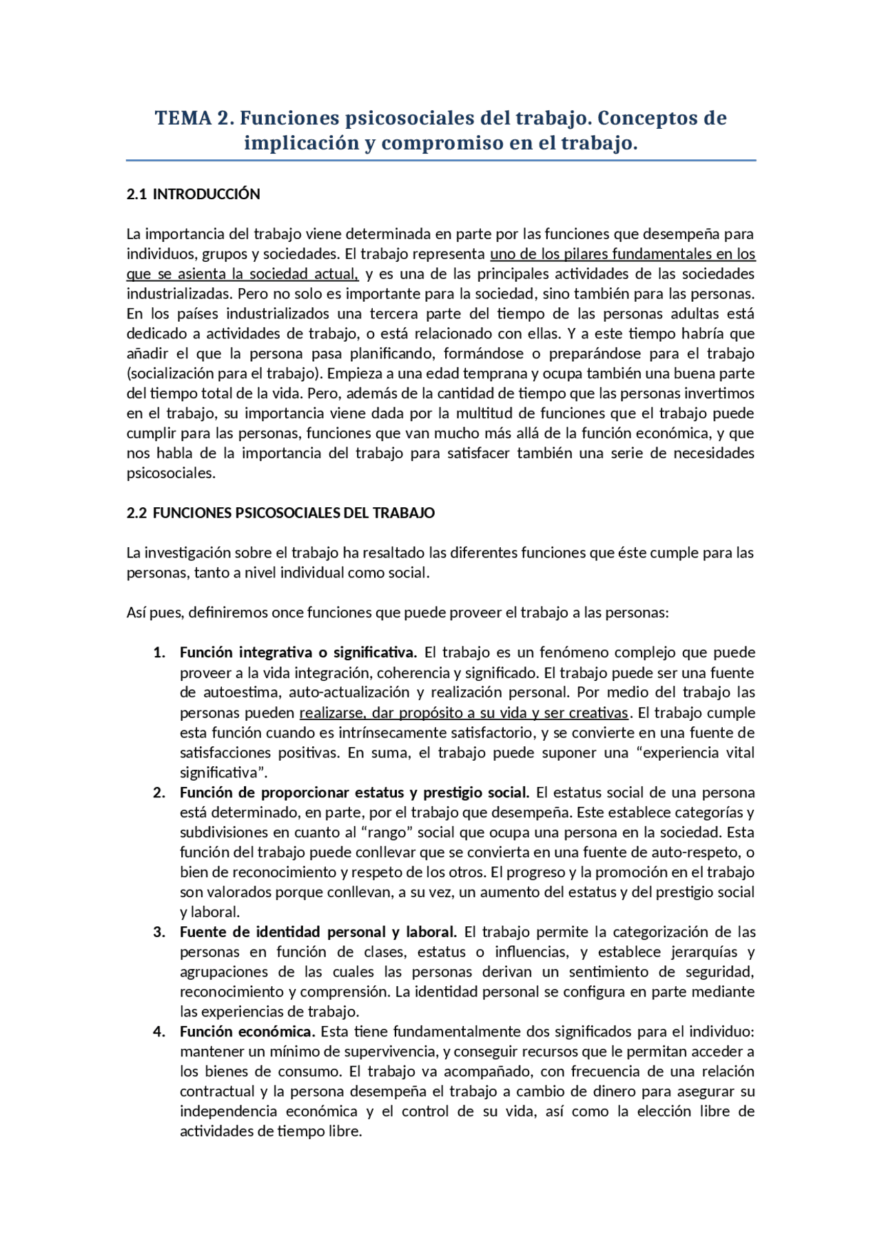 Funciones psicosociales del trabajo. Conceptos de implicación y compromiso en el Apuntes de Funciones psicosociales del trabajo. Conceptos de implicación y compromiso en el Apuntes de