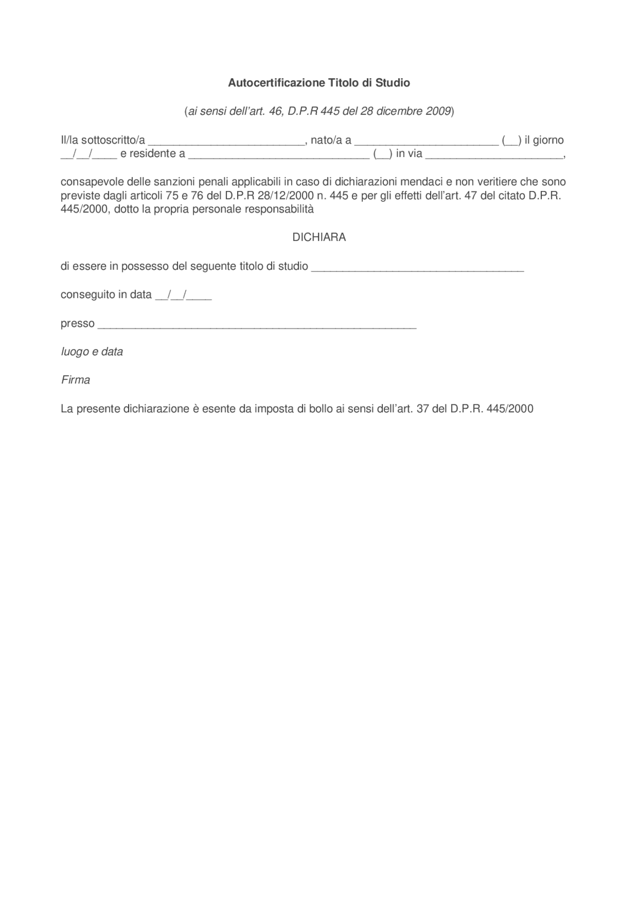 Autocertificazione_titolo_di_studio Formulari di Diritto Docsity