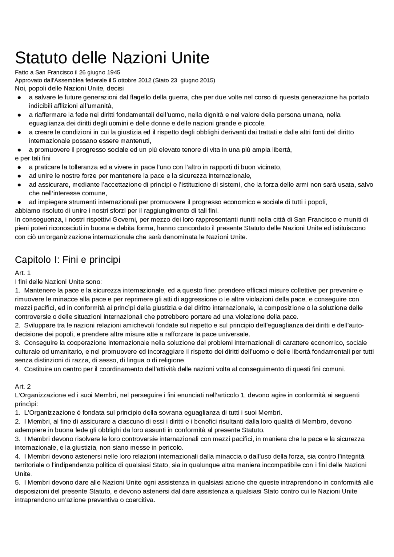 Statuto nazioni unite Appunti di Diritto Internazionale Docsity
