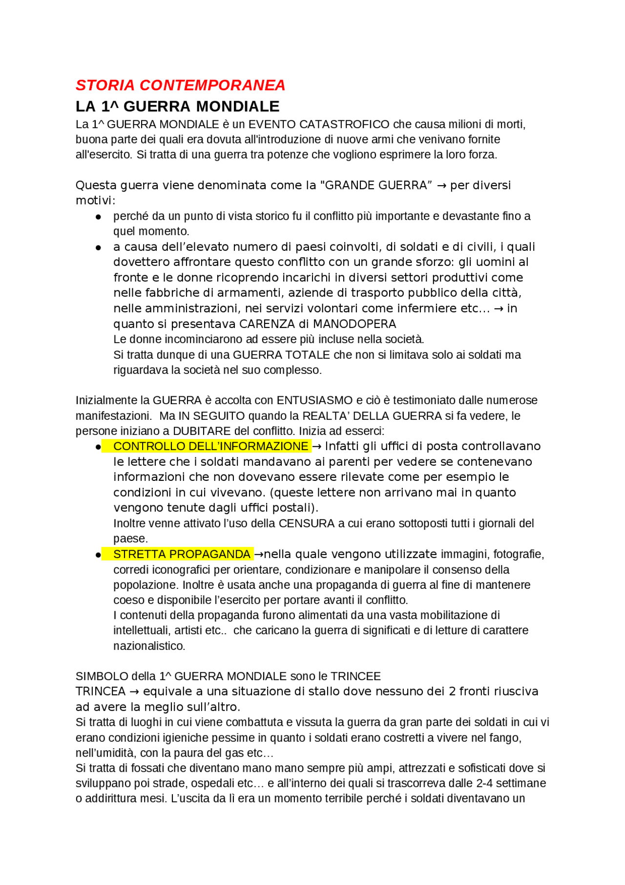 Riassunto prima Guerra Mondiale | Schemi e mappe concettuali di Storia ...