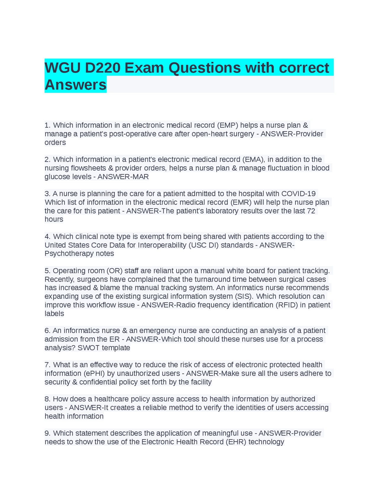 WGU D220 Exam Questions with correct Answers | Exams Nursing | Docsity