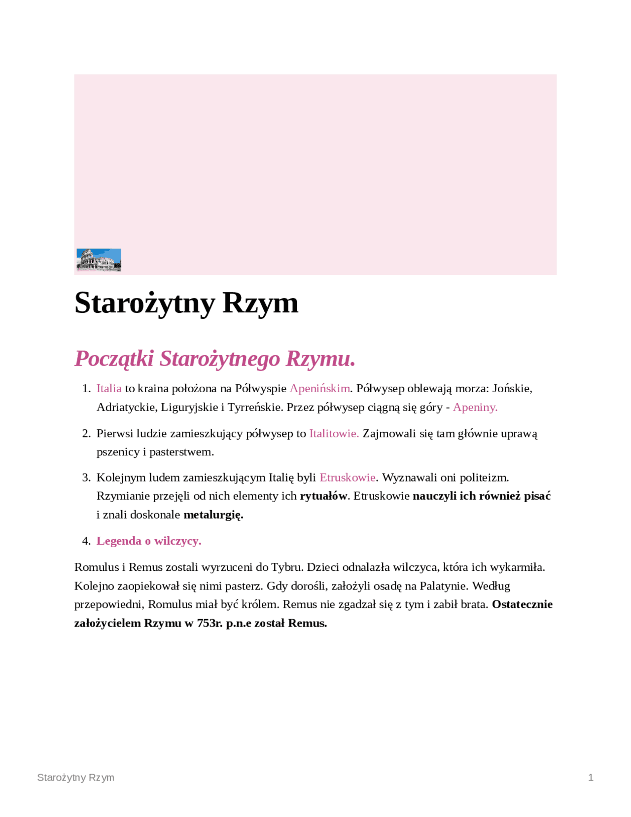 Starożytny Rzym - 1 liceum, zakres rozszerzony | Notatki Historia | Docsity