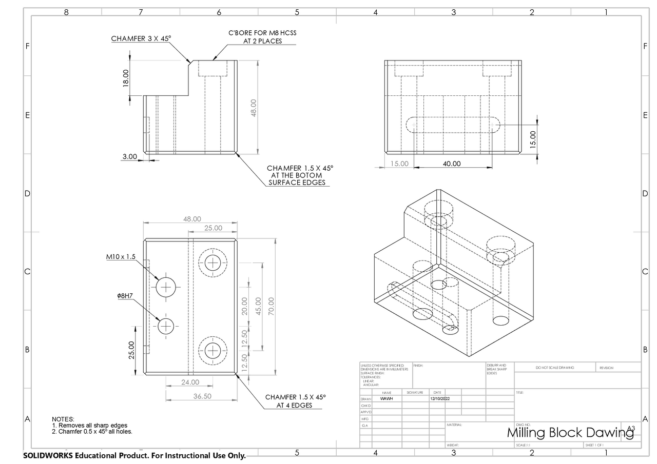 Milling block drawing | Exercises Mechanical Engineering | Docsity