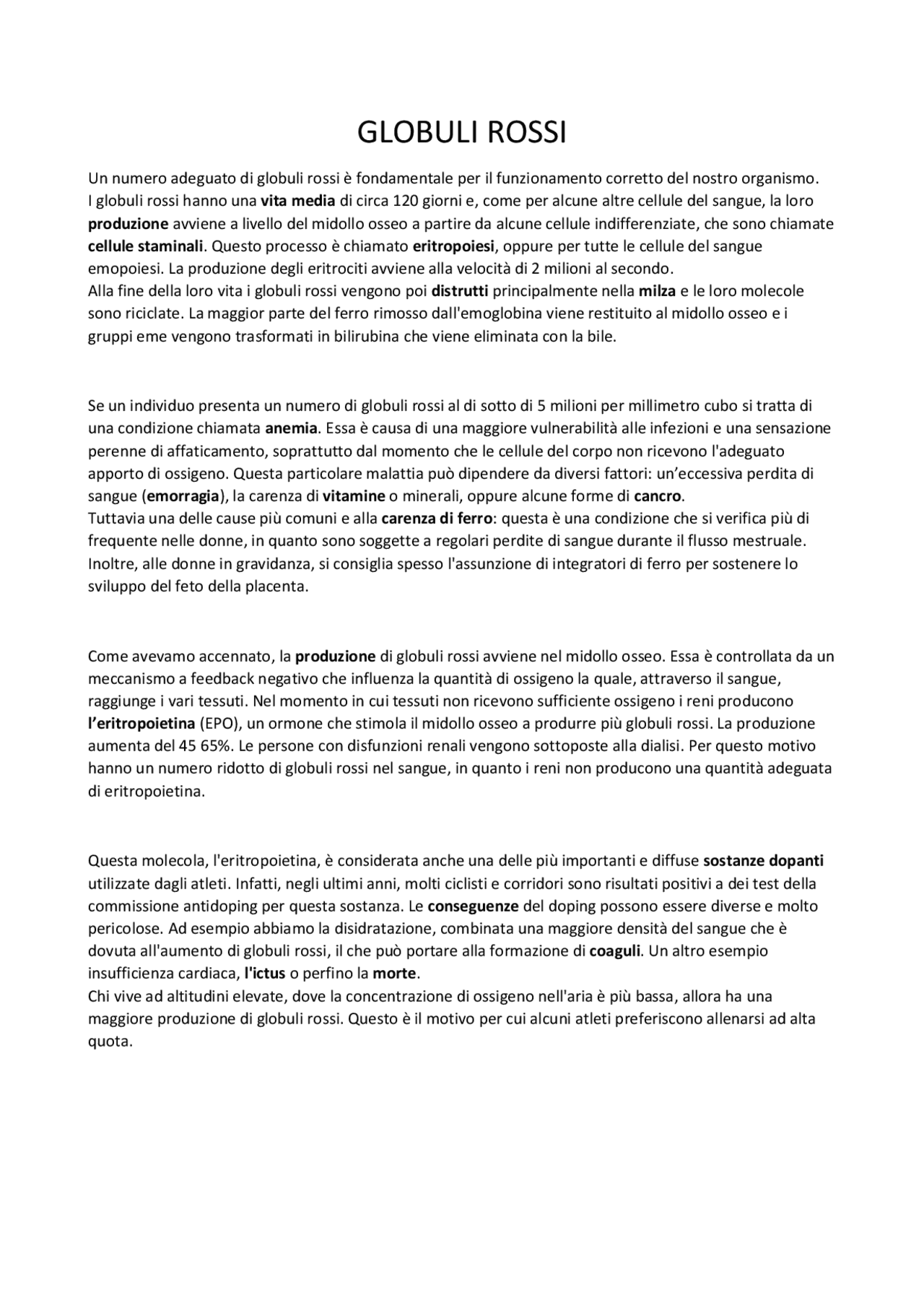 Globuli rossi una breve introduzione Guide, Progetti e Ricerche di Biologia Docsity