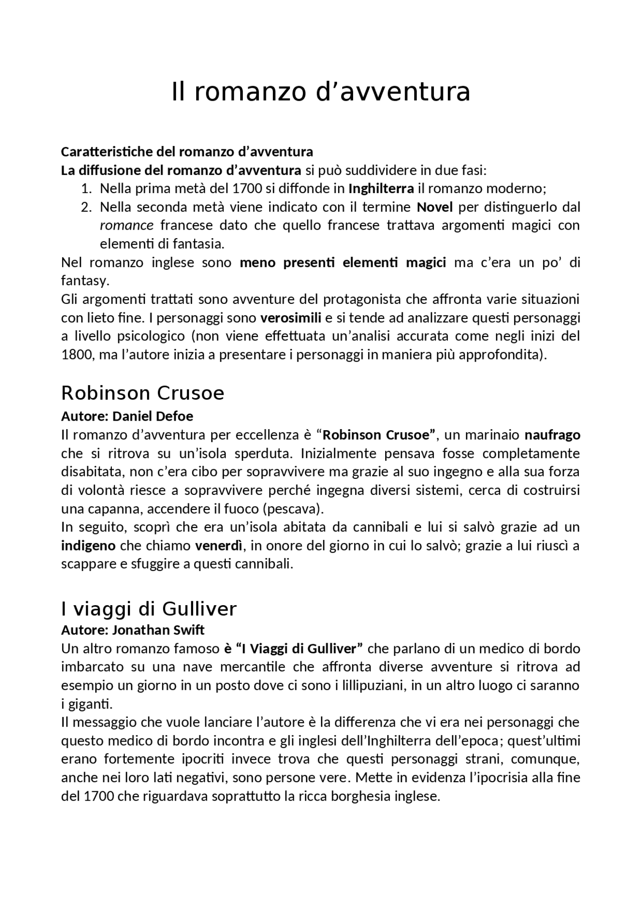Il romanzo d’avventura, epistolare, gotico. Appunti di Lingue e letterature classiche Docsity