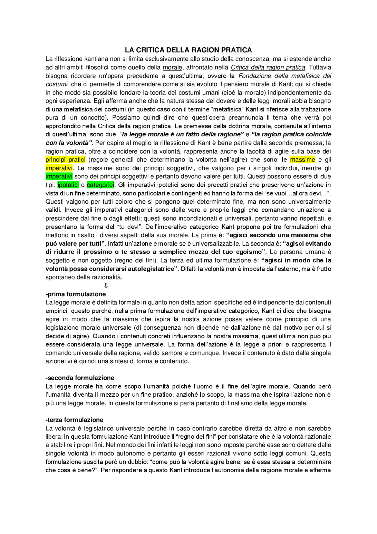Riassunto Kant V Superiore (IO PENSO, Zanichelli, Vol. 2, Edizione 2015/2016) Sintesi del