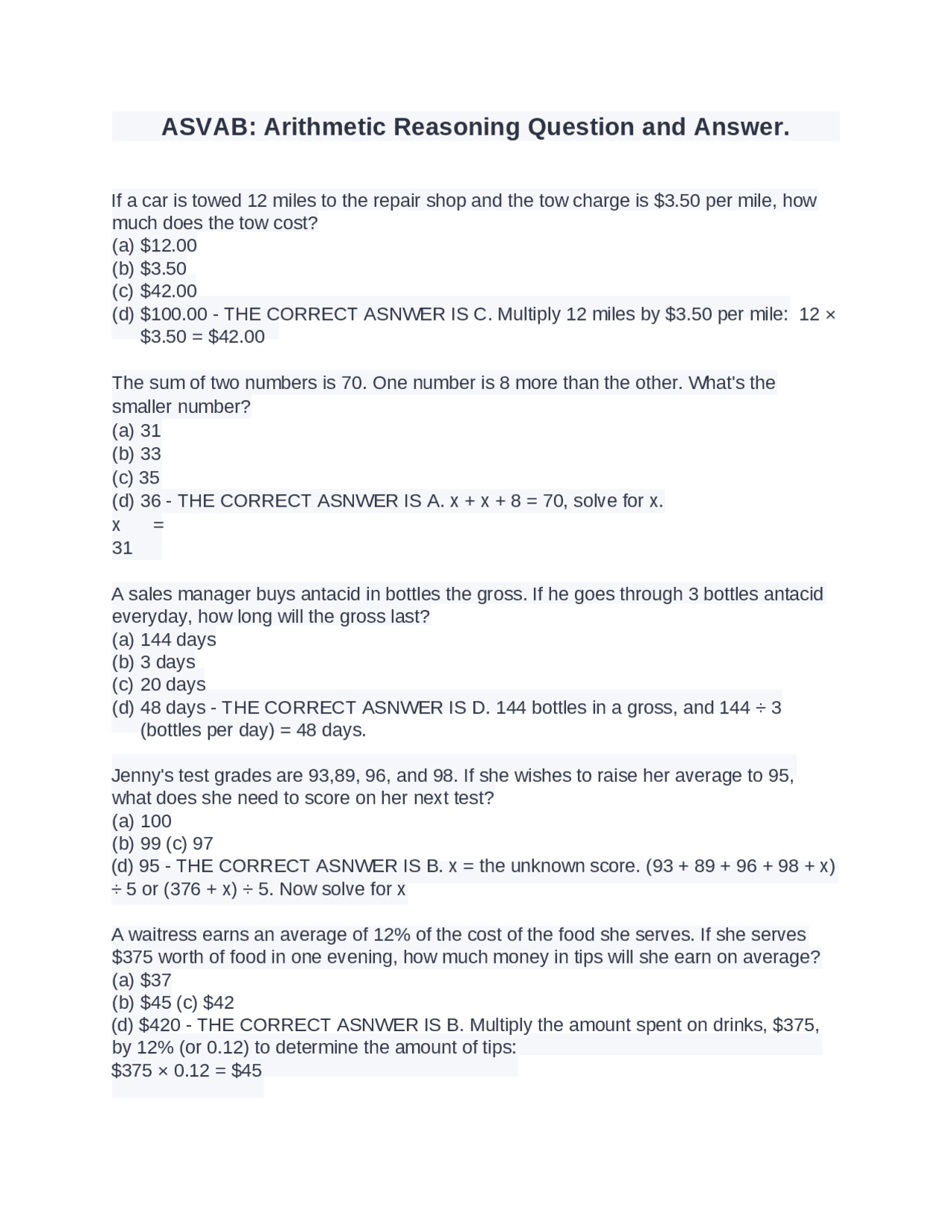 ASVAB: Arithmetic Reasoning Question and Answer. | Exams Science ...