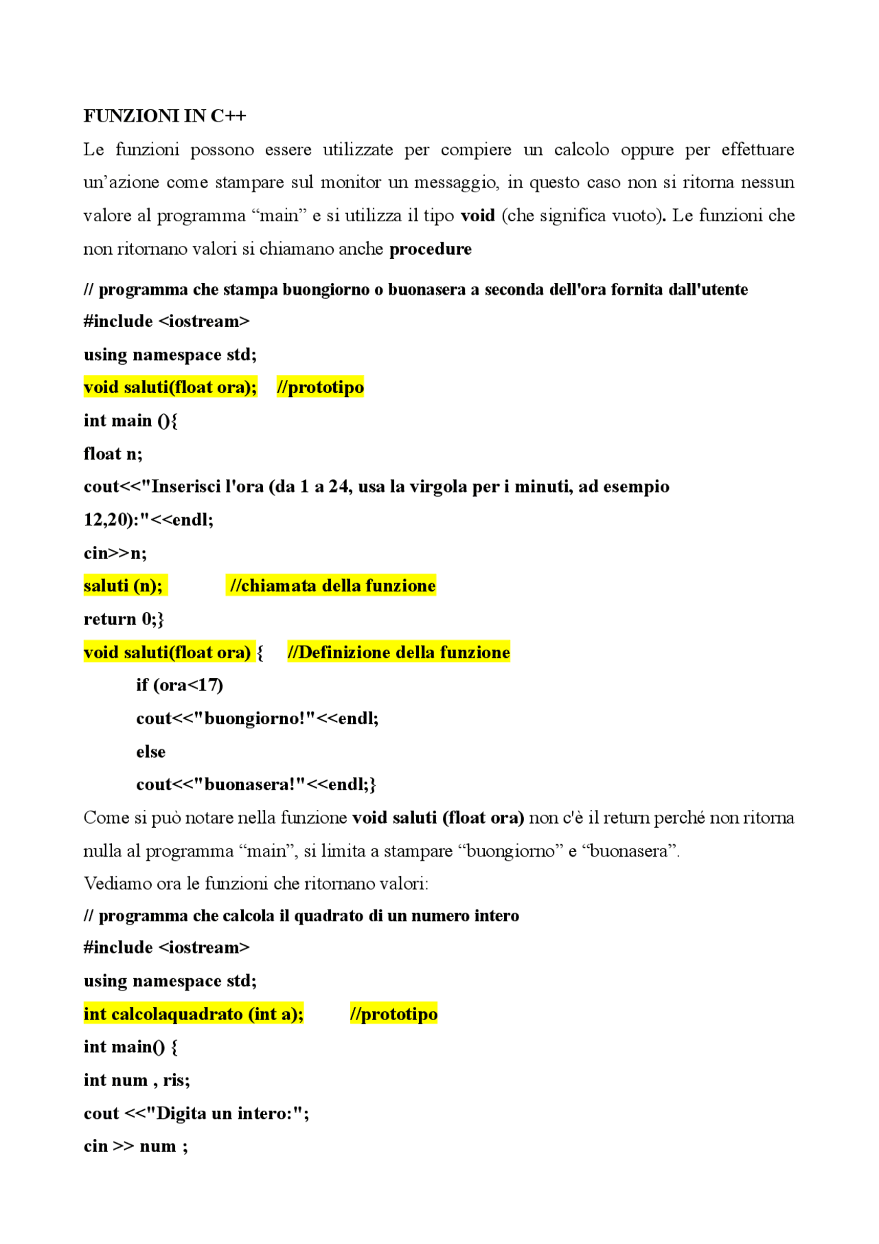 Le funzioni nel linguaggio C++ | Appunti di Informatica | Docsity