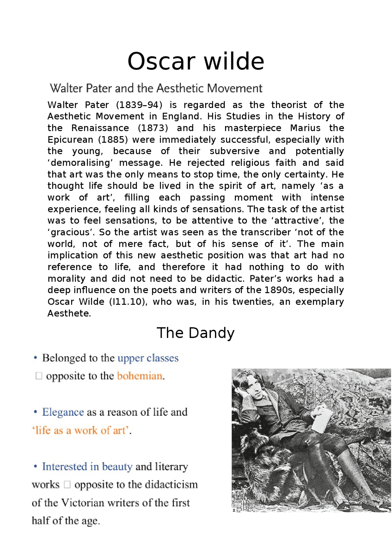 Oscar Wilde and Aestheticism | Appunti di Inglese | Docsity