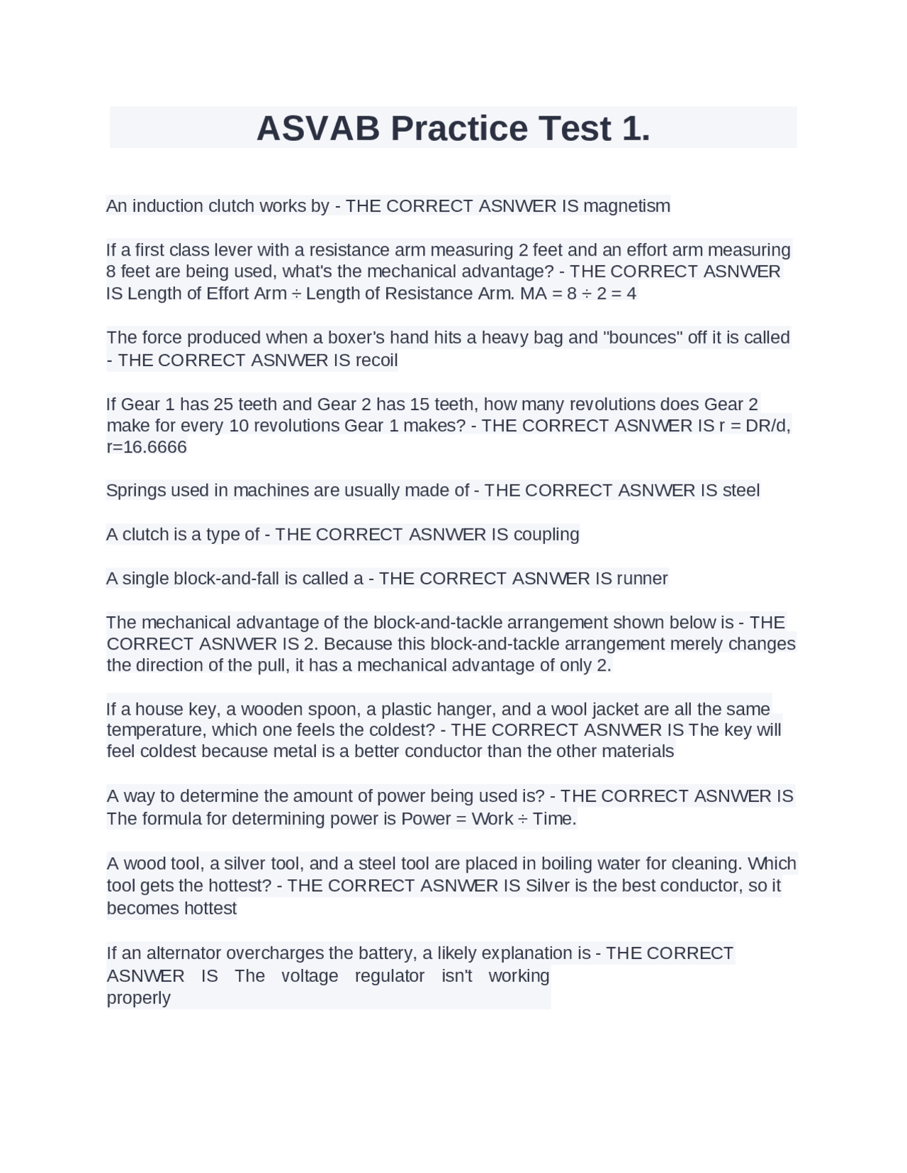 ASVAB Practice Test 1. | Exams Science education | Docsity