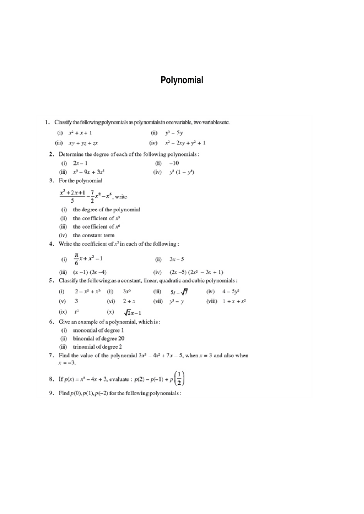 Basic Polynomial Questions Basic polynomial 9th to 12th one document | Assignments Mathematics ...