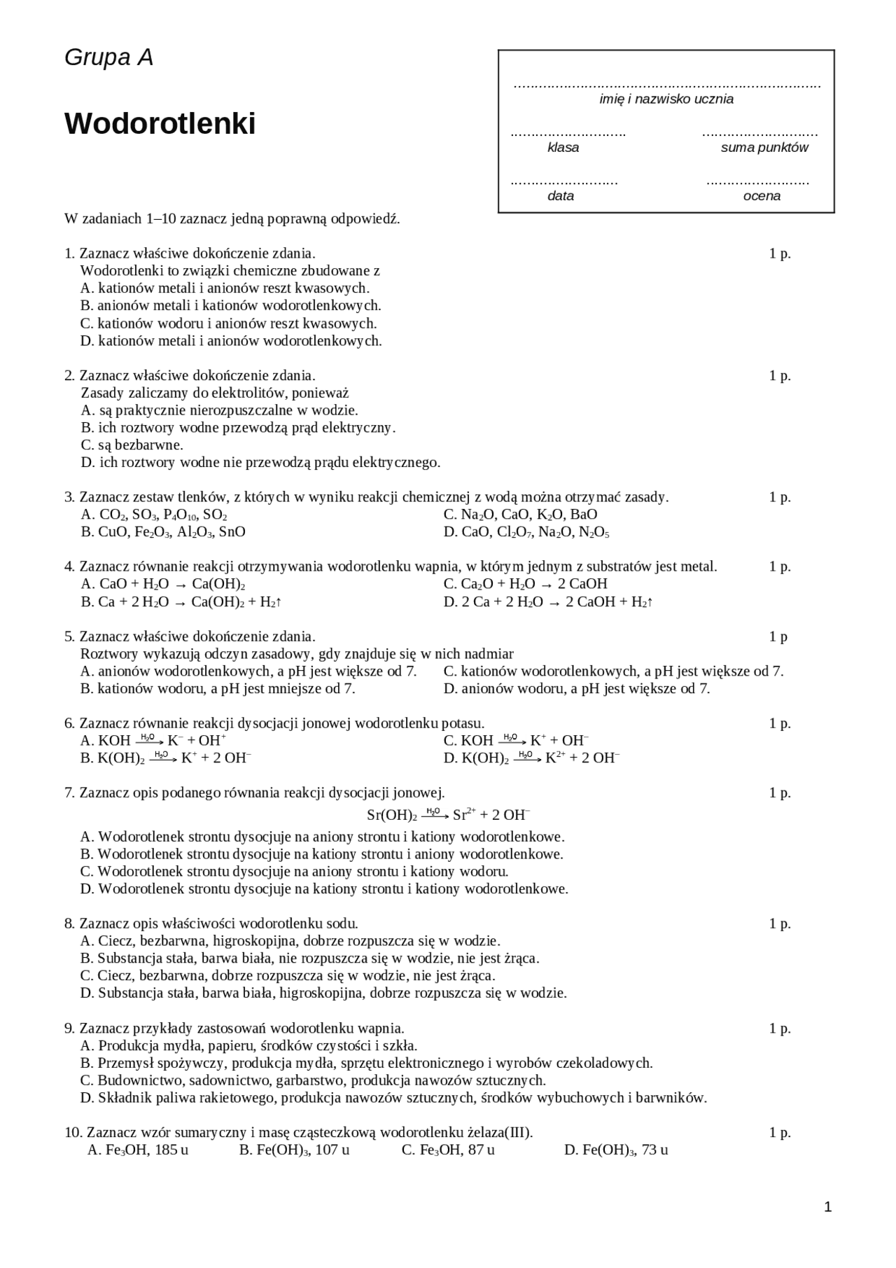 Wodorotlenki sprawdzian | Ćwiczenia Chemia | Docsity