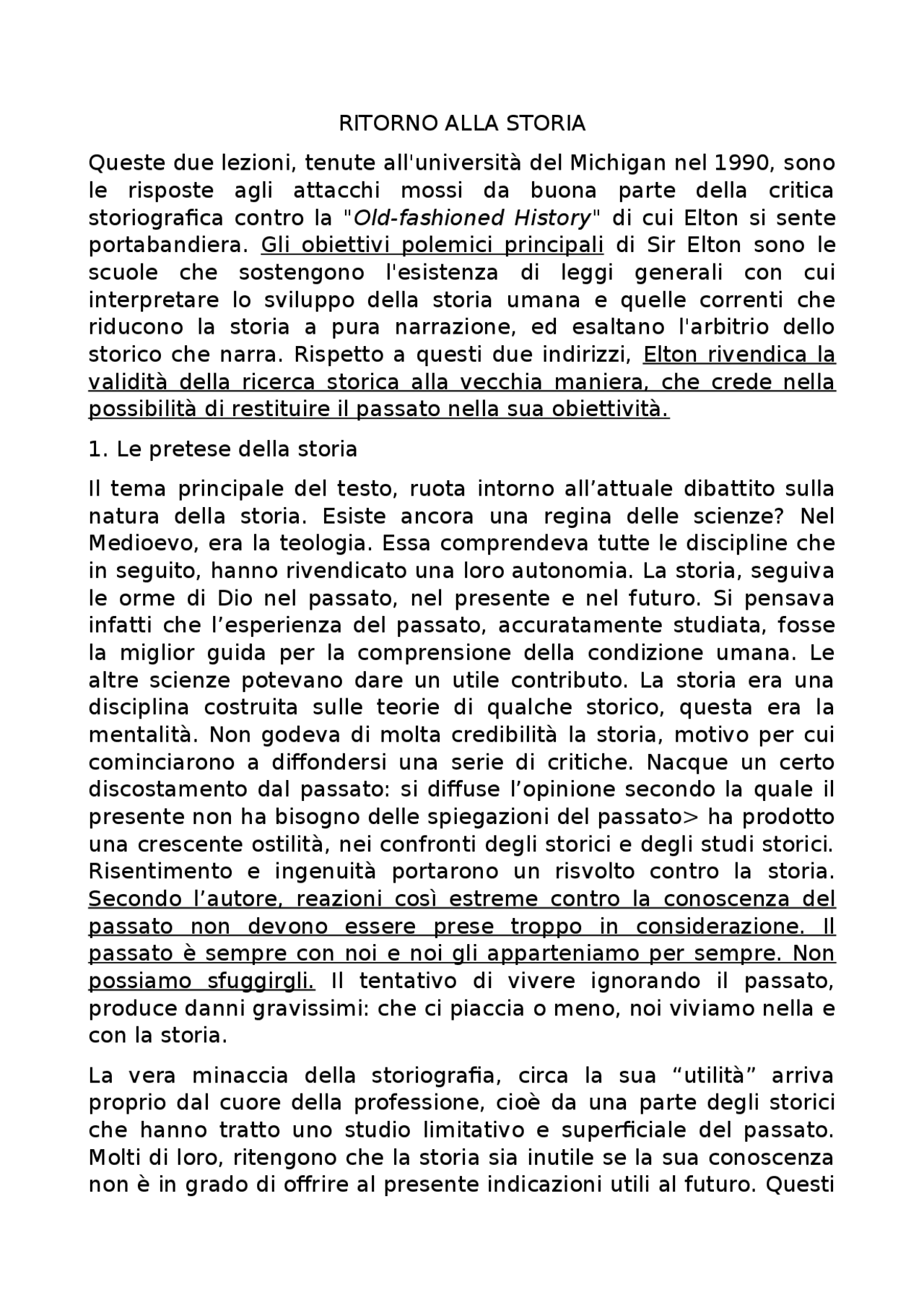 RITORNO ALLA STORIA di Geoffrey R. Elton Appunti di Storia Docsity