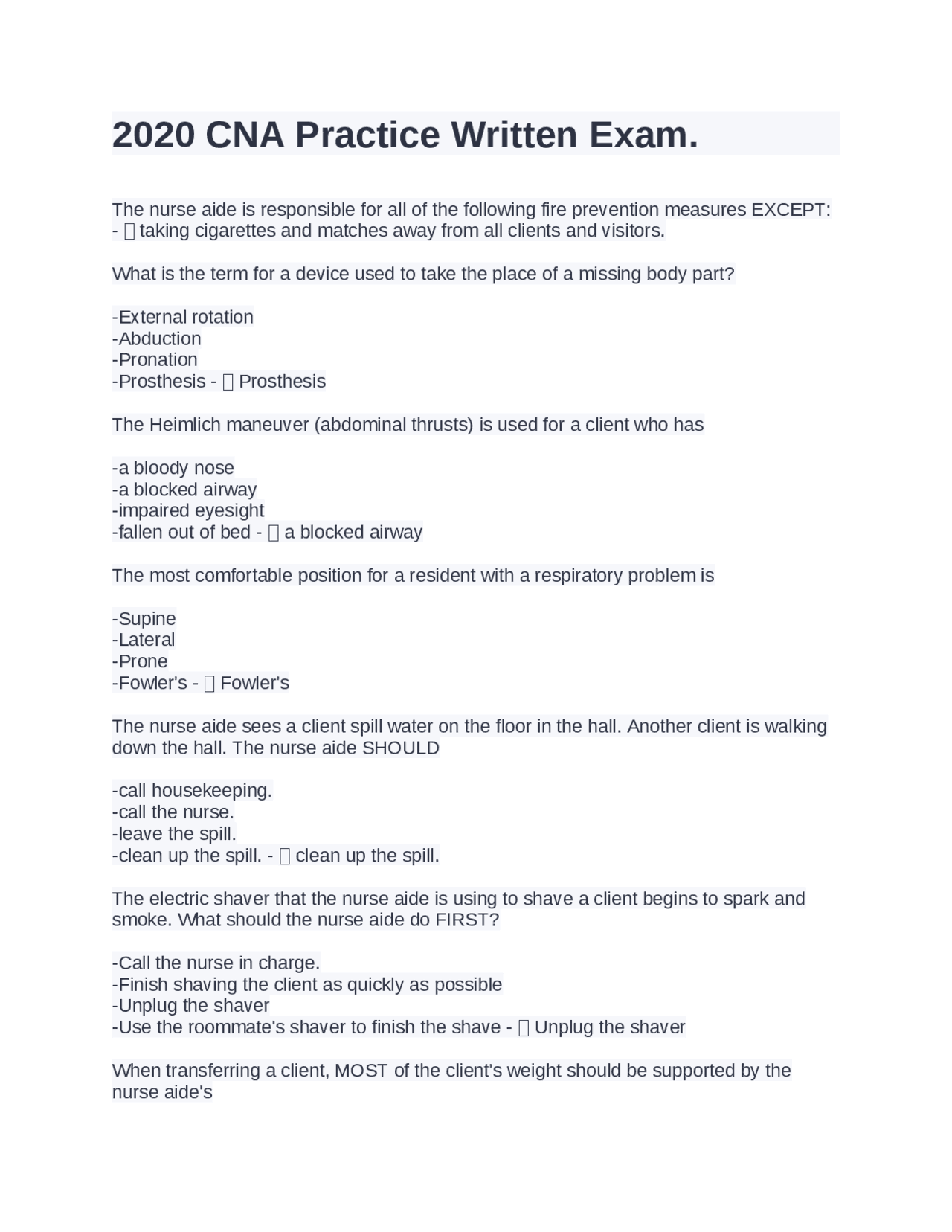 2020 CNA Practice Written Exam. | Exams Nursing | Docsity