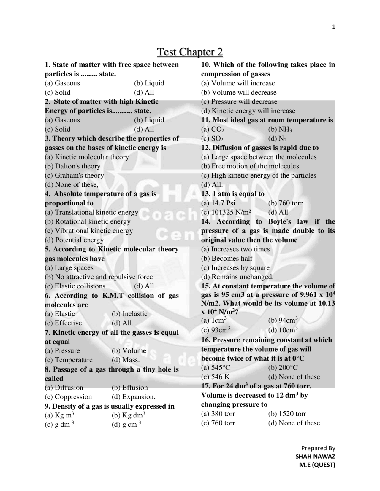 States of Matter MCQs with Key Exercises Chemistry Docsity