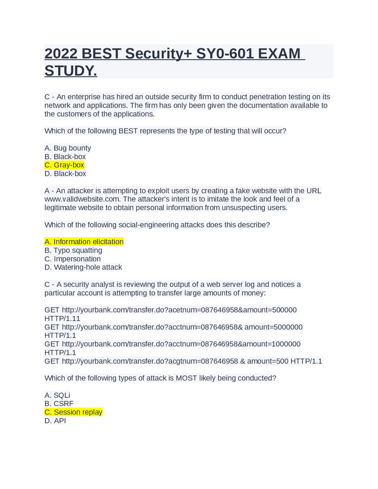 2022 BEST Security+ SY0601 EXAM STUDY. Exams Computer Security Docsity