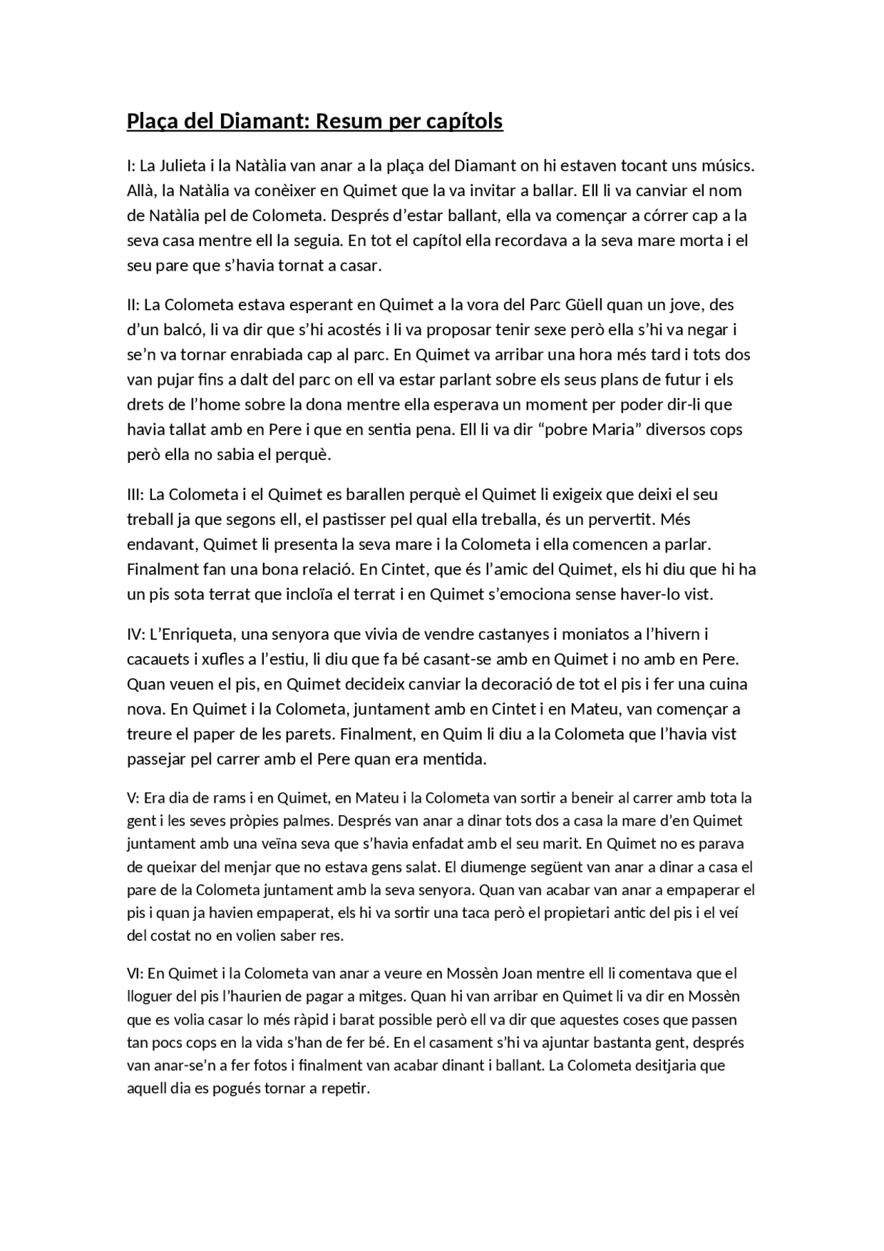 Resum capítol per capítol de la Plaça del Diamant Resúmenes de Catalán Docsity Resum capítol per capítol de la Plaça del Diamant Resúmenes de Catalán Docsity