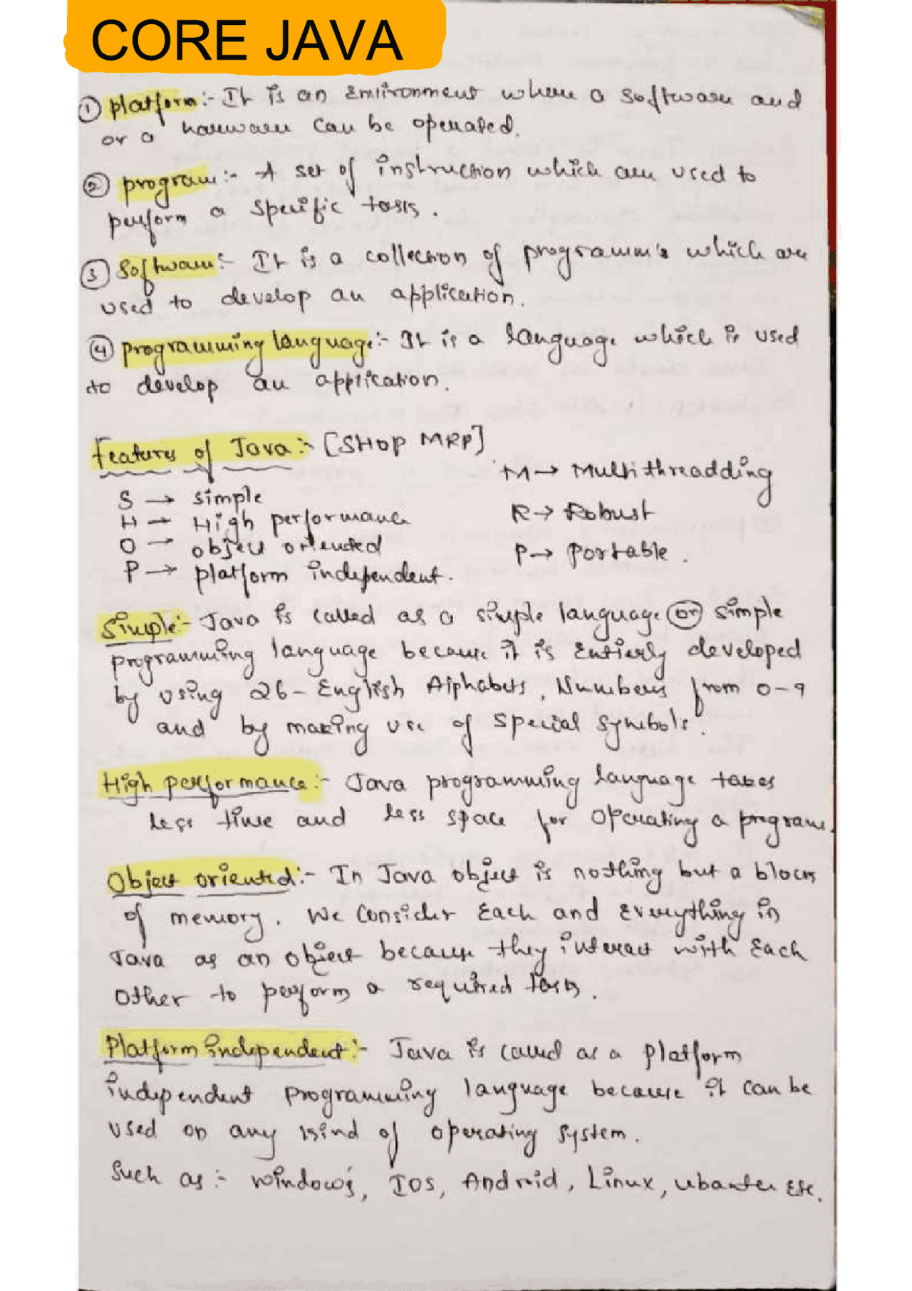 CORE JAVA HANDWRITTEN GUIDE | Study notes Java Programming | Docsity