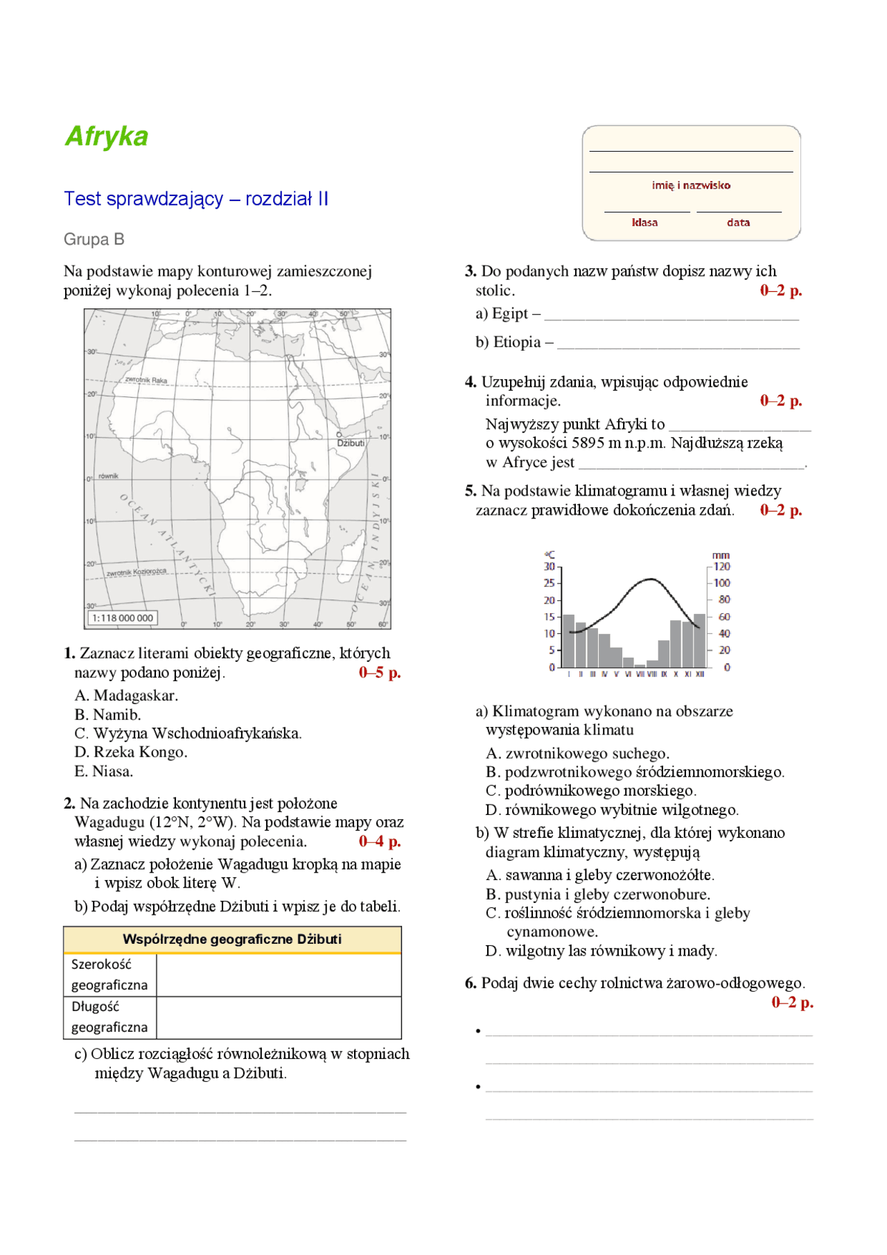 Test Afryka dział 2 Geografia | Testy Geografia | Docsity