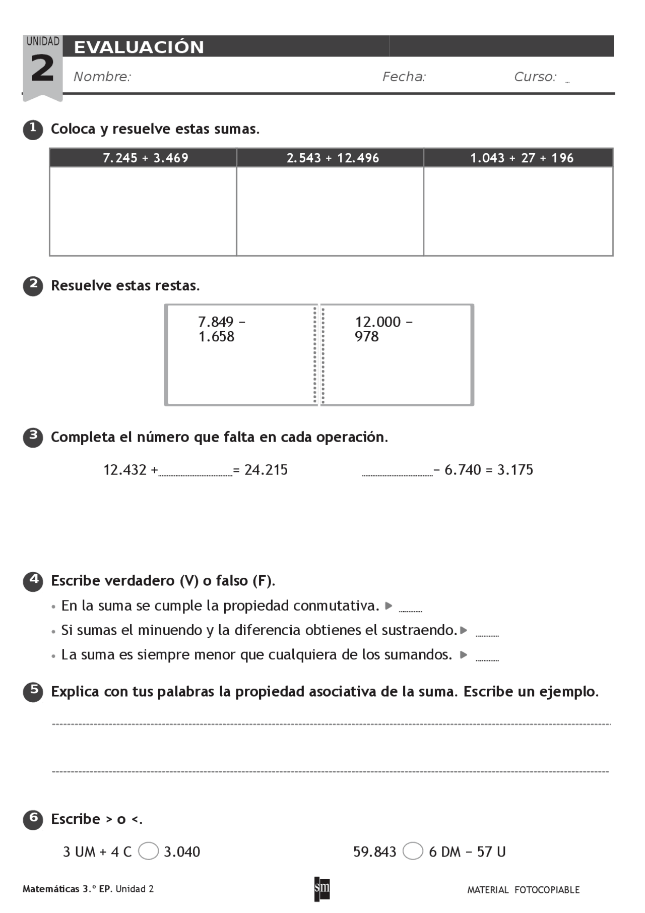 Ficha evaluacion 3 primaria tema 2 SM Matemáticas | Exámenes de ...