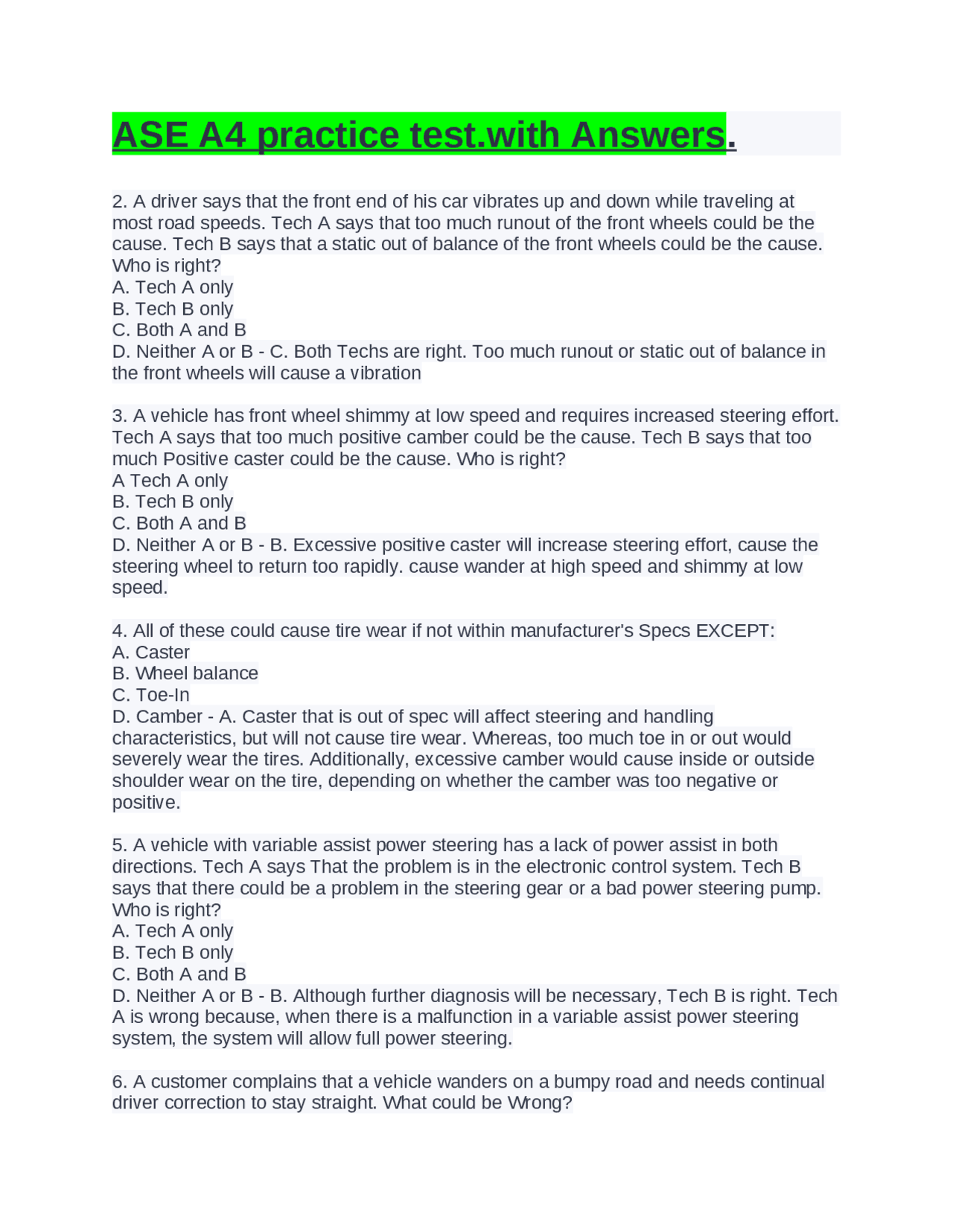 ASE A4 practice test.with Answers | Exams Electrical and Electronics ...