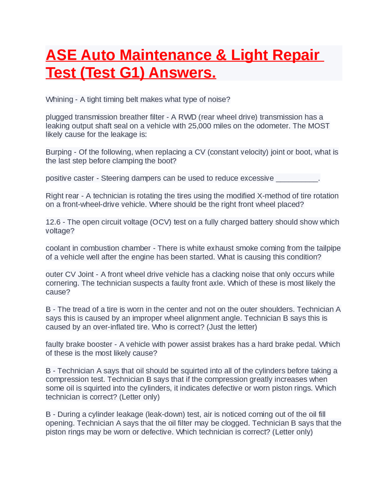ASE Auto Maintenance & Light Repair Test (Test G1) Answers. | Exams ...