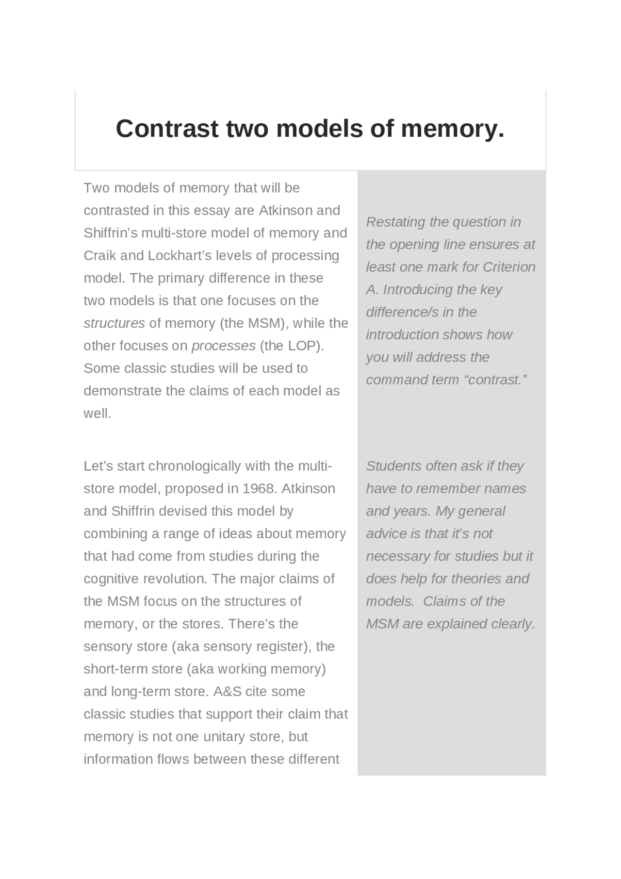 Contrasting Memory Models Contrast two models of memory | Study notes Psychology | Docsity