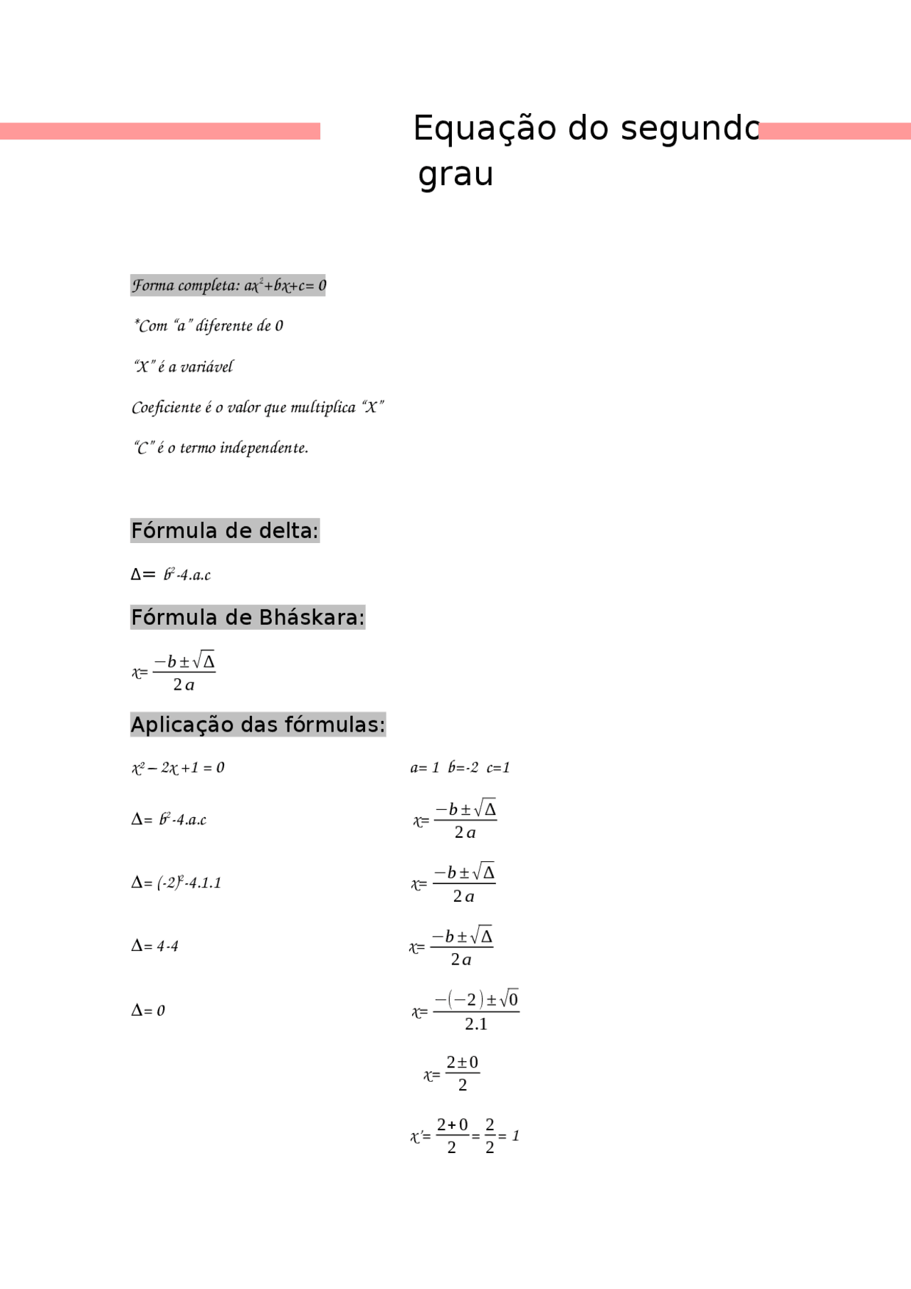 Equação do segundo grau introdução | Esquemas Matemática | Docsity