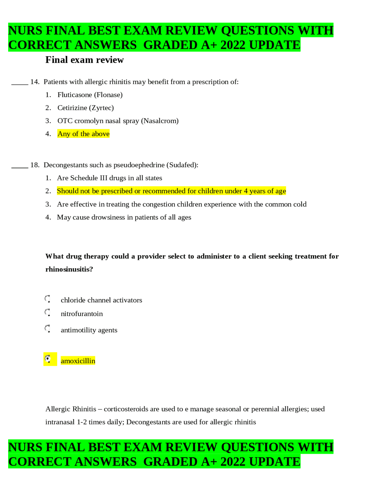 NURS FINAL BEST EXAM REVIEW QUESTIONS WITH CORRECT ANSWERS GRADED A+ ...