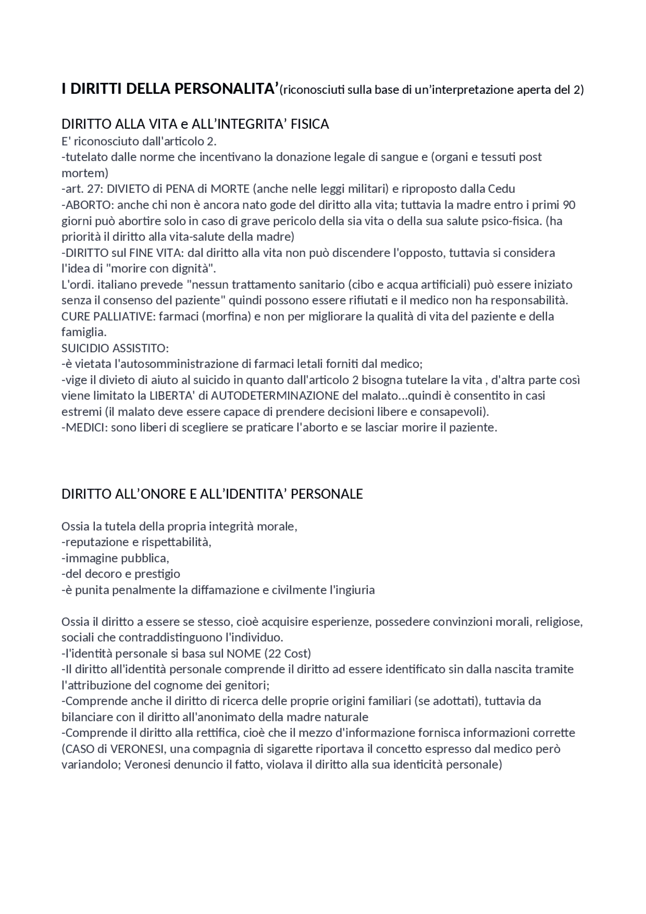 I DIRITTI della PERSONALITA' Sintesi del corso di Diritto