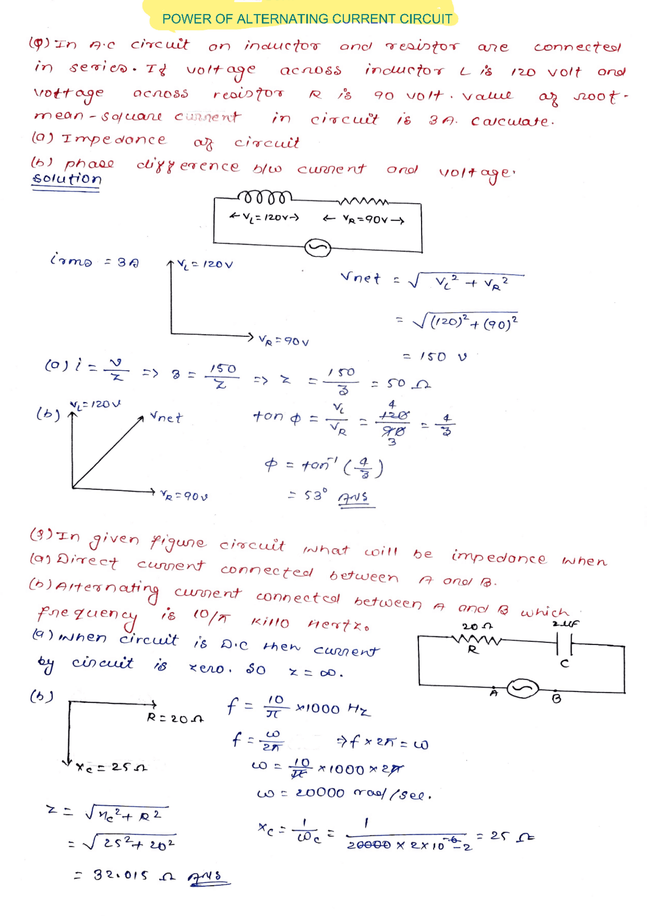 Power of alternating current circuit | Lecture notes Physics | Docsity