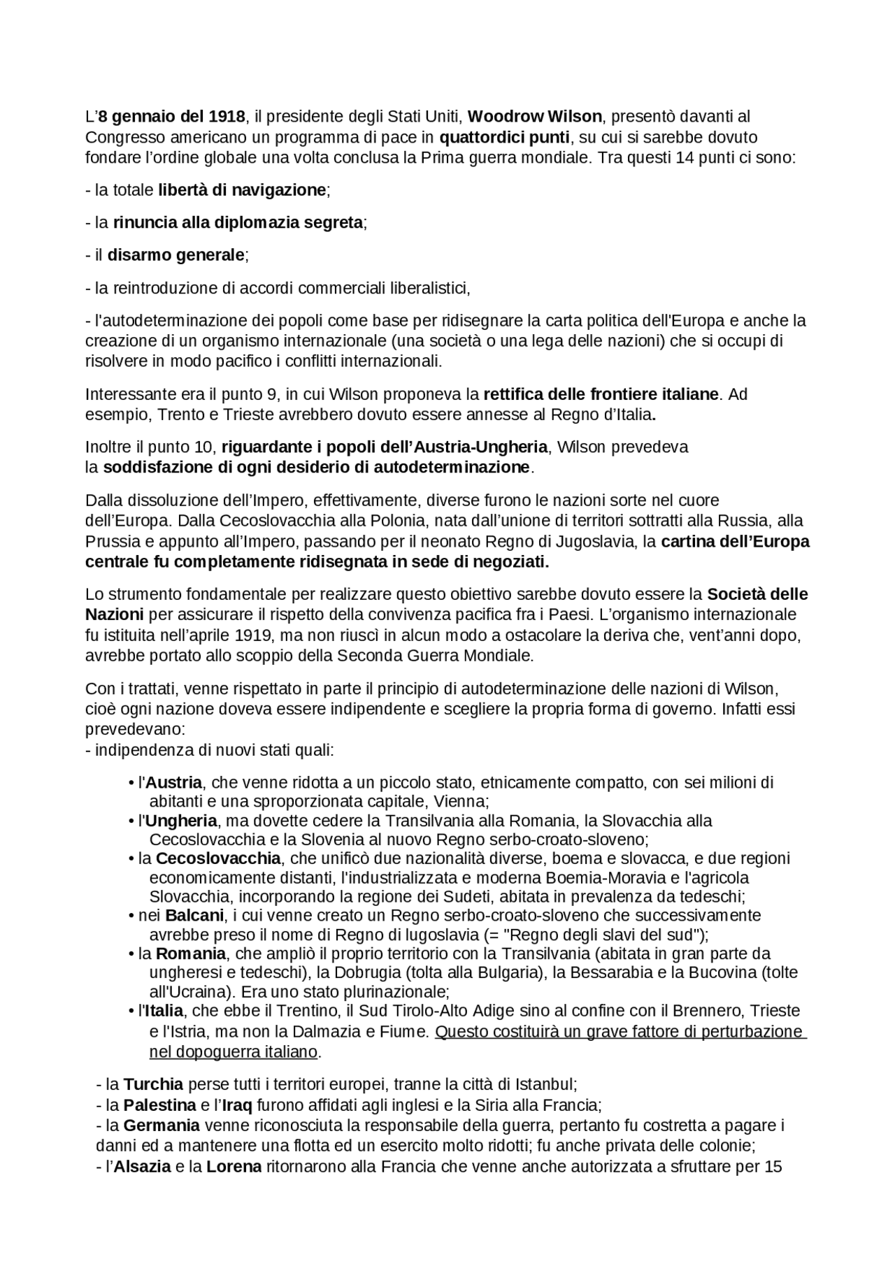 14 punti: Europa dopo la guerra | Schemi e mappe concettuali di Storia ...
