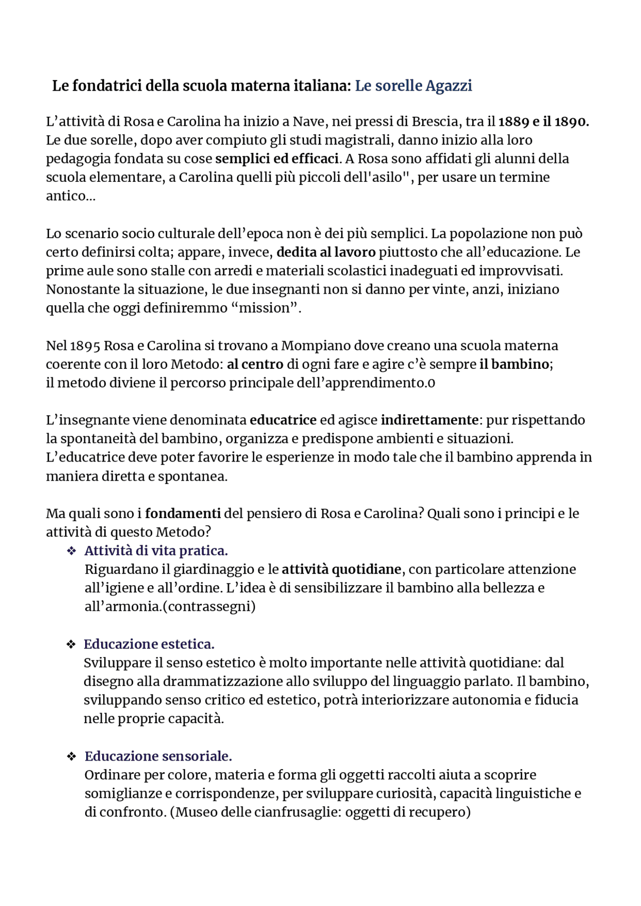 Le sorelle Agazzi pedagogia Appunti di Pedagogia Docsity