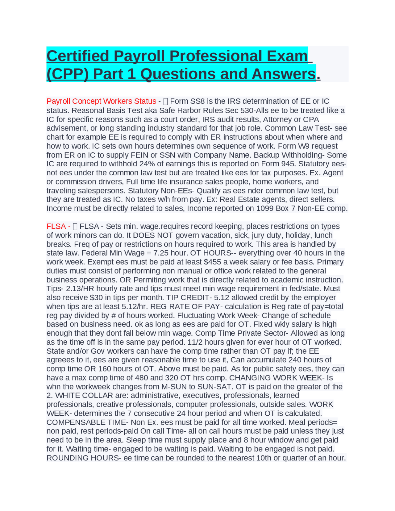 Certified Payroll Professional Exam (CPP) Part 1 Questions and Answers ...