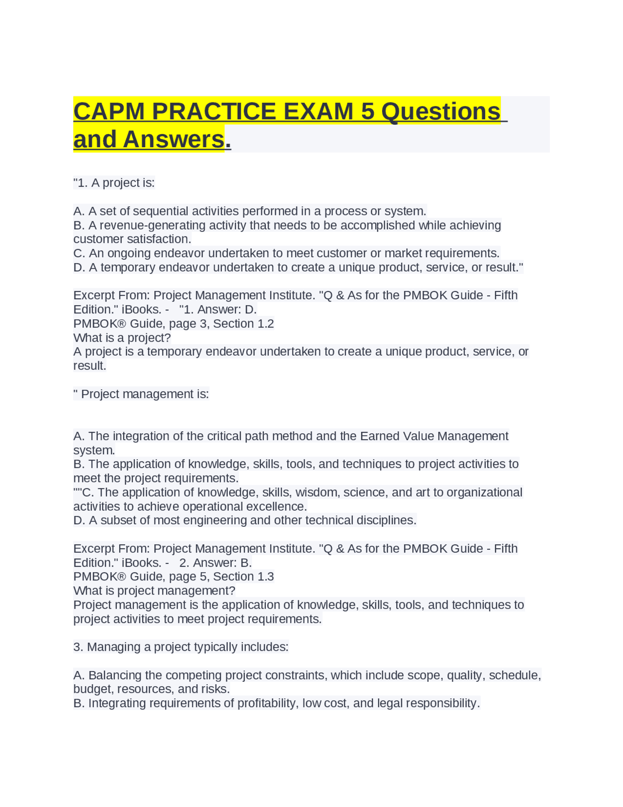 CAPM PRACTICE EXAM 5 Questions and Answers. | Exams Business Ethics ...
