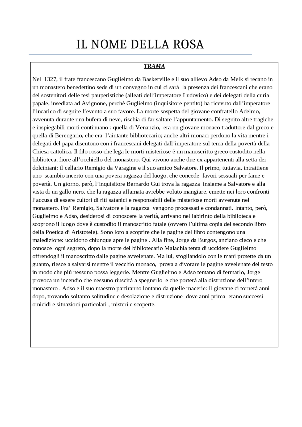 IL NOME DELLA ROSA riassunto del