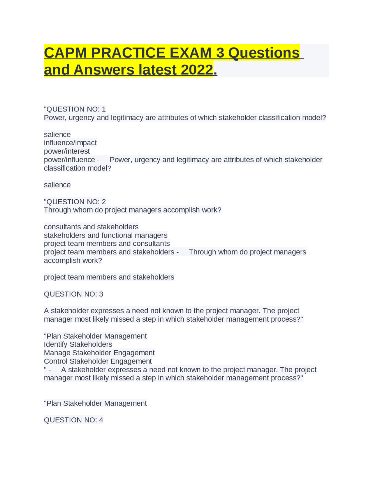 CAPM PRACTICE EXAM 3 Questions and Answers latest 2022. | Exams ...