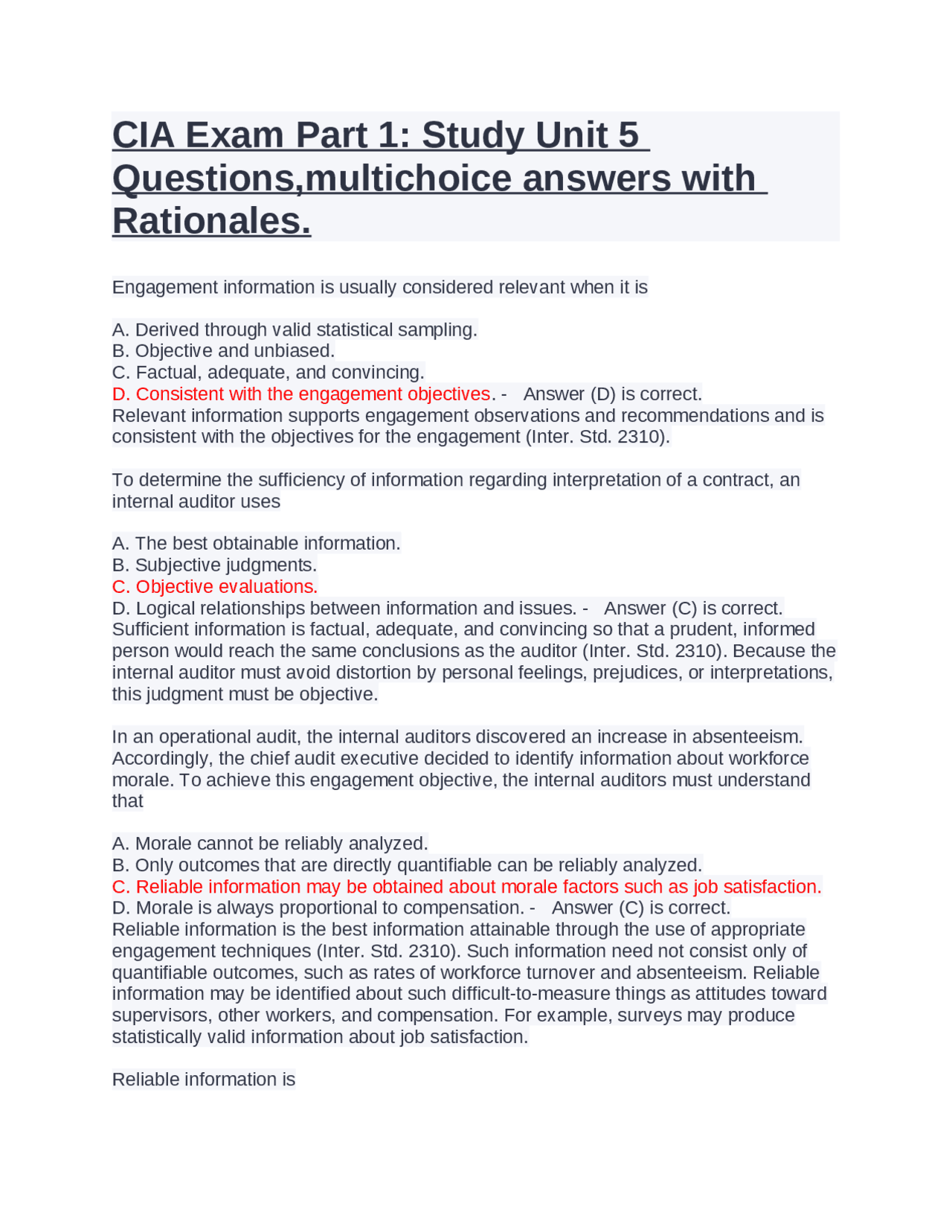 CIA Exam Part 1: Study Unit 5 Questions,multichoice answers with ...