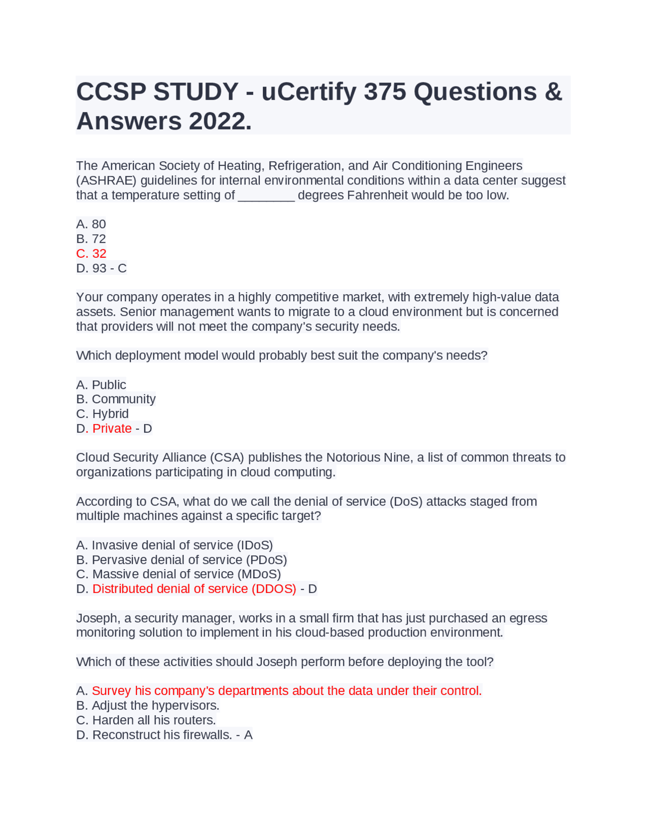 Ccsp Test Questions CCSP STUDY - uCertify 375 Questions & Answers 2022. | Exams Business ...