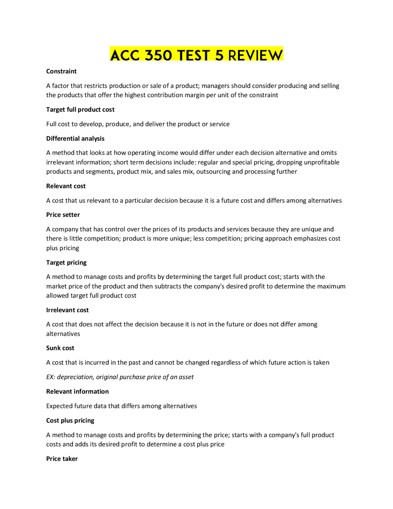 ACC 350 TEST 5 REVIEW (Questions & Answers) Exams Accounting Docsity