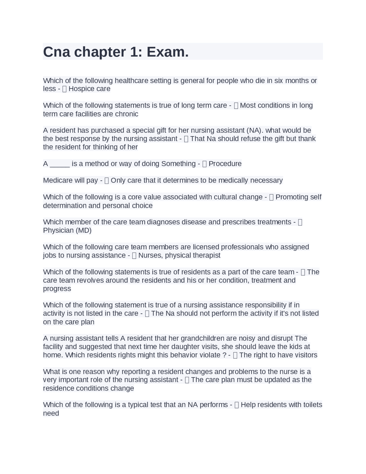 Cna chapter 1 Exam. Exams Nursing Docsity