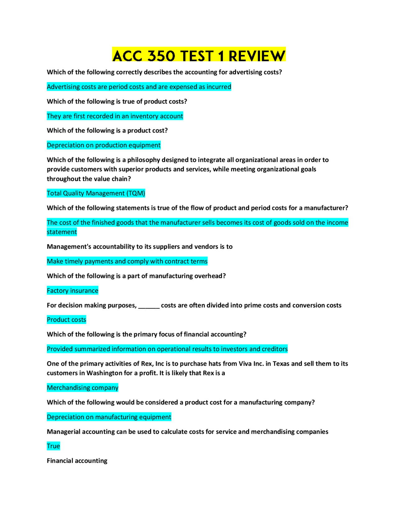 ACC 350 Test 1 Review (Questions & Answers) Exams Accounting Docsity