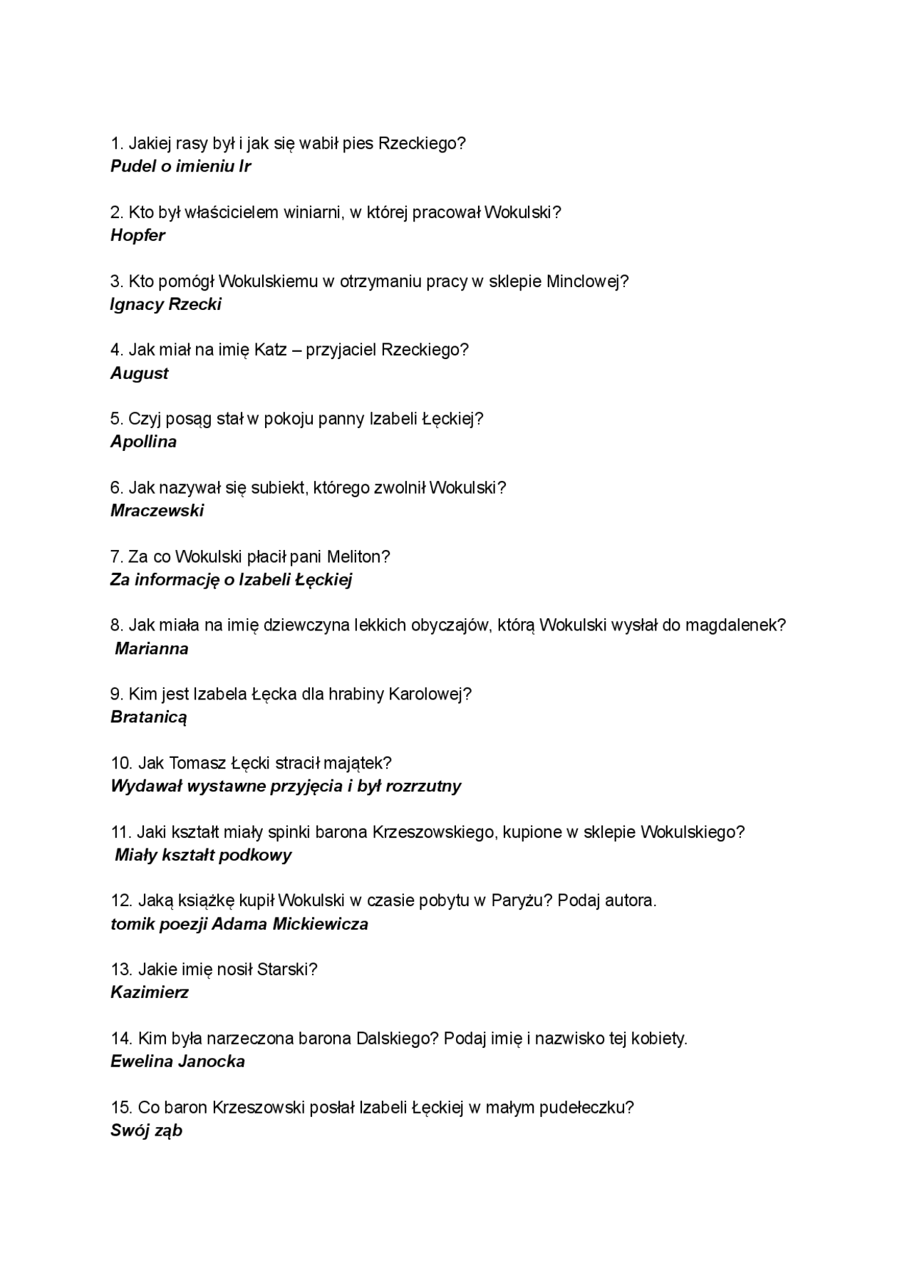 Lalka- Bolesław Prus | Testy Język polski | Docsity
