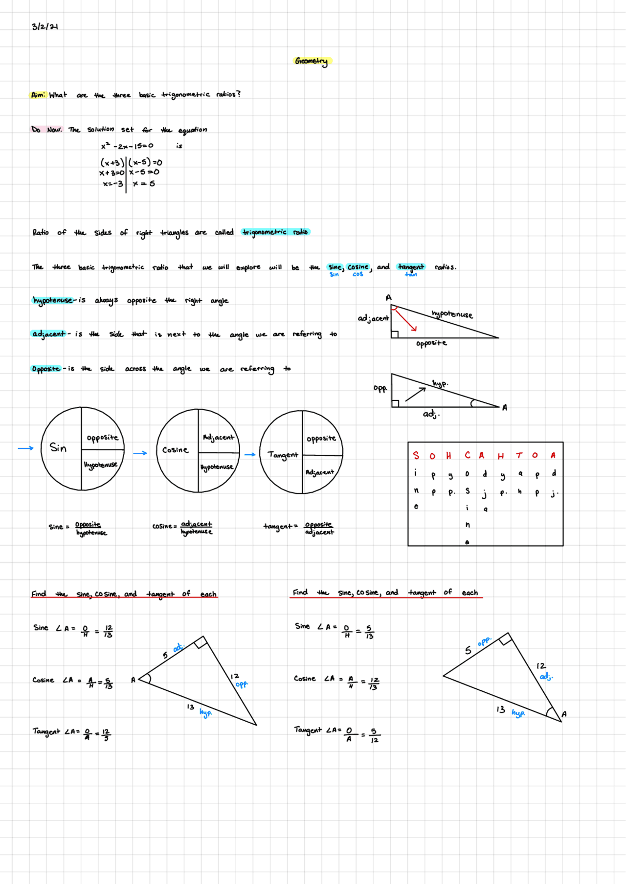 Basic Trigonometric Ratios | Study notes Geometry | Docsity