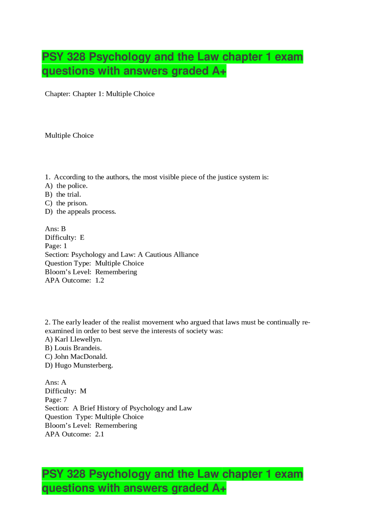 PSY 328 Psychology and the Law chapter 1 exam questions with answers ...